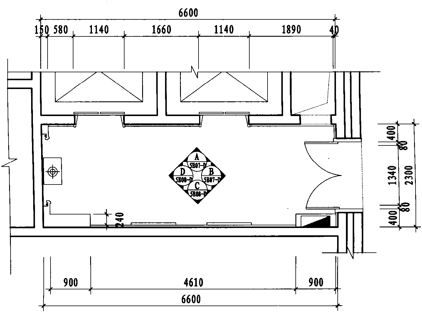 五层公共电梯厅平面布置图 1:75